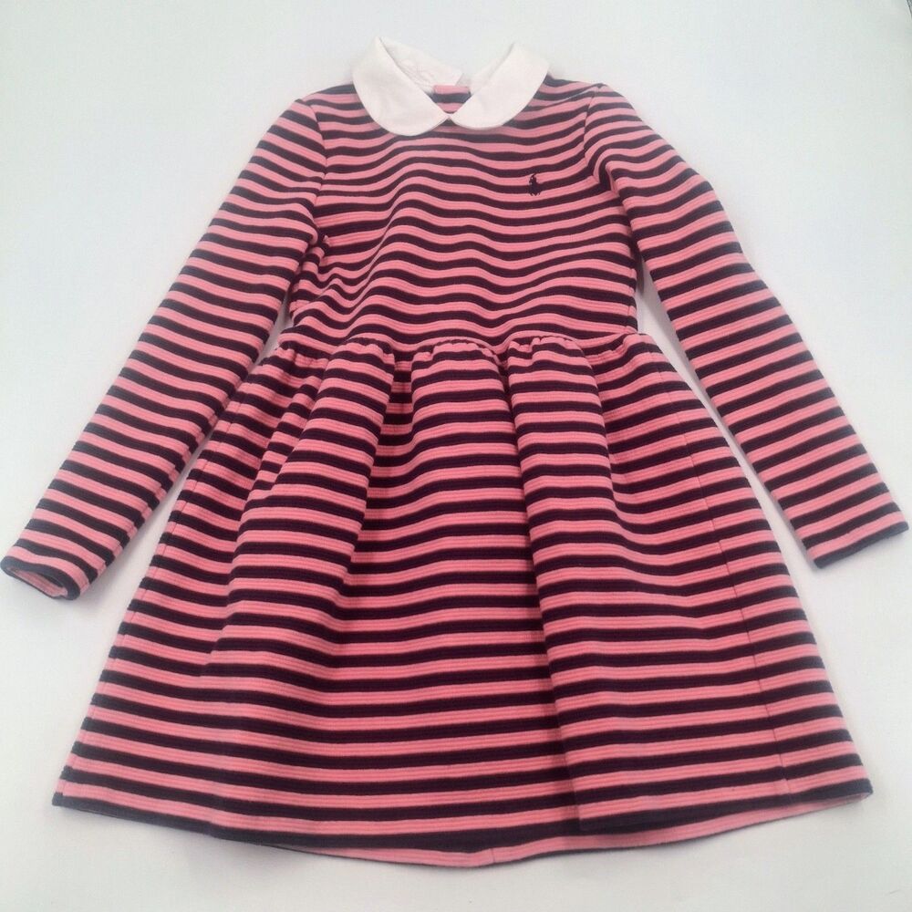 Polo Ralph Lauren Striped Dress Girls Size 5 Pink & Navy Blue Peter Pan Collar